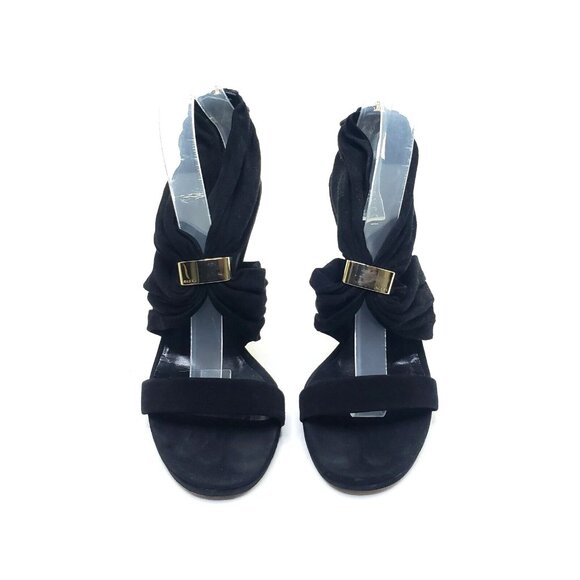 GUCCI High Heel Sandals Black Suede Strap Gold Logo Zip EU 39.5 US 9.5 - Picture 3 of 8